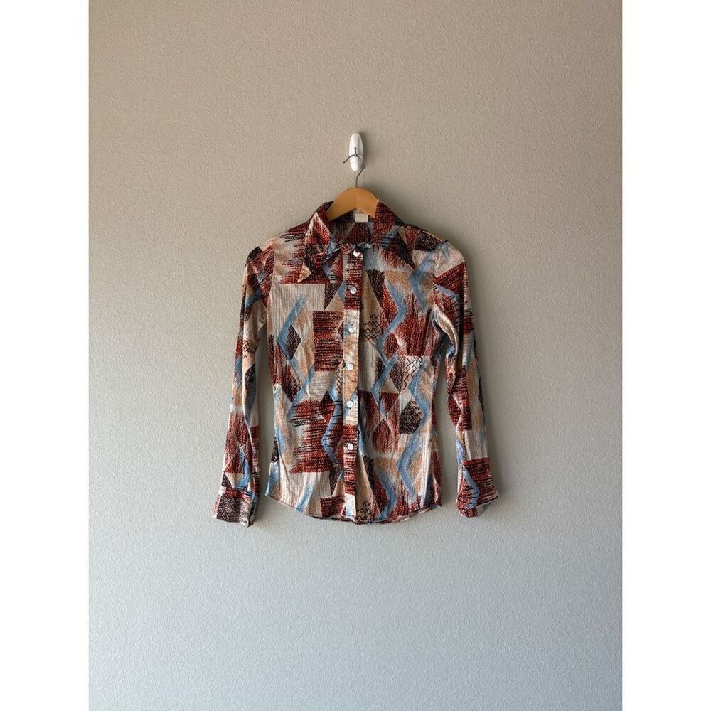 Vintage 70s Abstract Print Button Front Long Slee… - image 1